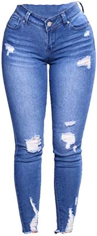 Andongnywell Дамски Тесни Дънкови панталони с висока талия, Стегнати Ластични Дънкови панталони с джобове с цип (Син, XX-Large)