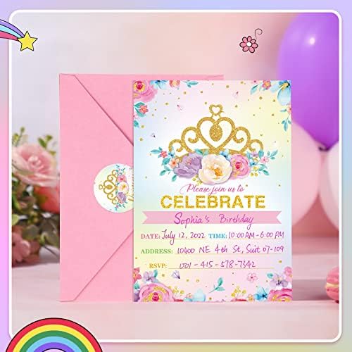24 Комплекта Покани на детски душ Принцеса Розови Покани, Картички за Рожден Ден на Принцеса с Конвертами и