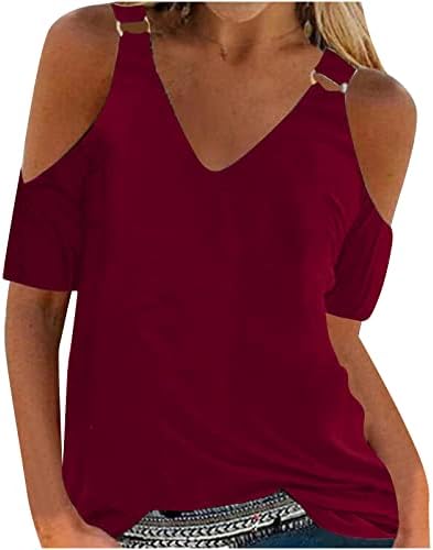 Тениска с открити Рамене за Жените, Тениски с V-образно деколте и Къс Ръкав, Блузи, Обикновена Риза 2023, Летни Блузи