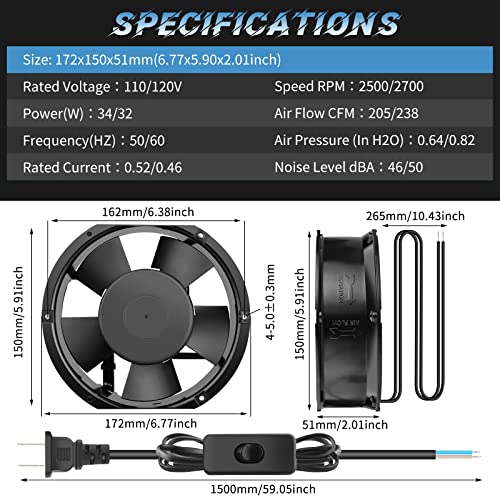 Промишлен Аксиален Вентилатор Wderair 110V 120V AC 172mm x 150mm x 51mm High CFM за проекти Смукателна вентилация