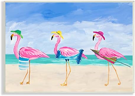 Илюстрация за Плажен заедно с Красиви Розови фламинго Stupell Industries, Прогуливающимися по Крайбрежието, Дизайн Джули Дерис