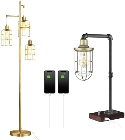 Индустриална Настолна Лампа ELYONA с регулируема яркост и Злато под лампа, Таблица Лампа в стил steampunk с порт за зареждане