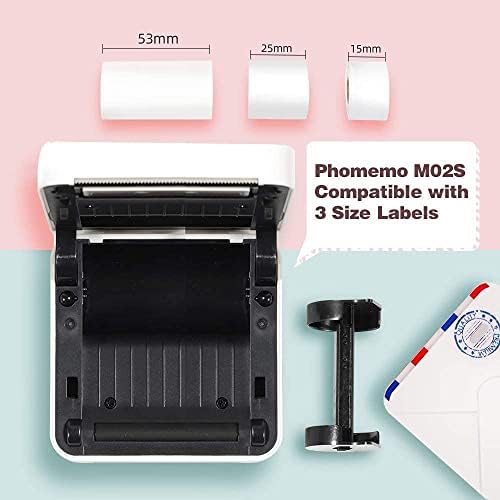 Джобен принтер Phomemo M02S - мини Bluetooth термопринтер с резолюция от 300 точки на инч с 3 ролята на бяла