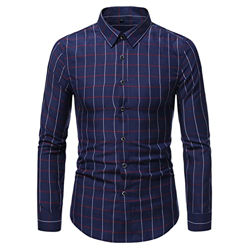 Мъжки Шарени Ризи с дълъг ръкав и копчета, Изпъстрен Ризи с отложным яка, Класически Стилни Бизнес ризи (Тъмно синьо, Средно)