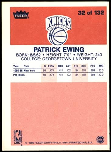1986 Играч № 32 Патрик Юинг Ню Йорк Никс (баскетболно карта), БИВШ играч на Никс Джорджтаун