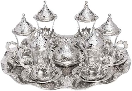 (Пакет от 6) Турски Традиционен Набор от Чаени Чаши, Комплект за Притежателите на блюдец (сребро)