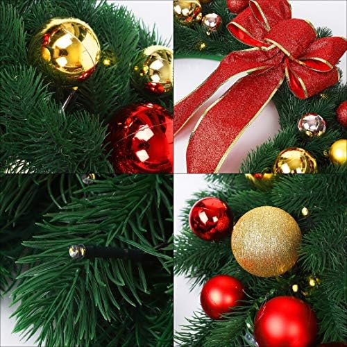 Коледен венец Juegoal диаметър от 24 инча с подсветка, метална закачалка, Голям червен нос и цветни топки, Работещи