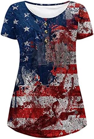 Camiseta la Bandera Americana Mujeres Estrellas y Rayas Cuello en V Върховете Диаметър la independencia Camiseta botones
