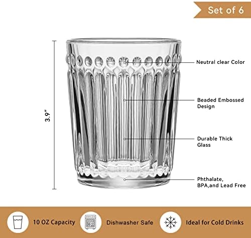 TIMEFOTO Комплект Чаши за пиене от 6 опаковки, Прозрачни Чаши за Уиски, Чаши за Вино, Тежка Реколта Посуда 10 Грама за Сода, Вода, Сок, Мляко, Коктейли, Подарък