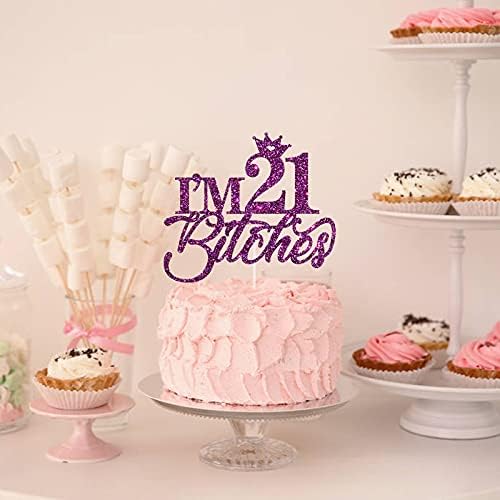 Talorine Glitter I 'm 21 Bitches, Topper за Тортата на 21-ия рожден ден на Момиче, декорация за торта, Поздравления и методий 21 Години, Вечерни Украса, Лилаво