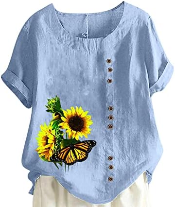 Тениска с изображение на Слънчоглед за Жени, Бельо Памучен Риза Свободно, Намаляване, Блузи с Къс Ръкав, Ежедневна Блуза с