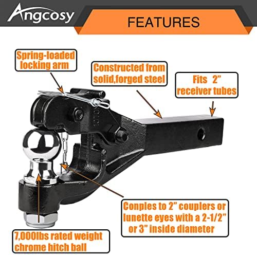 ANGCOSY 10-Тонен Губеха кука за прицепных устройства, Комбинация Приемни куки, 2 Топка навеска, 7000 килограма, дължина 15-1 / 2