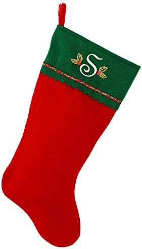 Първоначално Коледни Чорапи с бродирани мен Монограм, Зелено и Червено фетр, Началната буква S