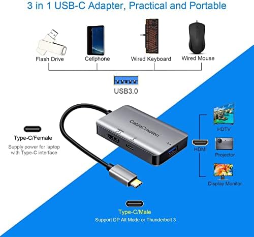 USB Адаптер C-HDMI 4K със зареждането на мощност 100 W + алуминиев хъб USB 3.0 3 в 1 Thunderbolt 3, съвместим с MacBook
