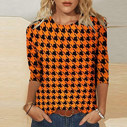Тениска с кръгло деколте на Хелоуин, Дамски Модни Свободна Тениска с принтом, Блуза, със средна дължина, с 3/4 ръкави, Ежедневни блузи