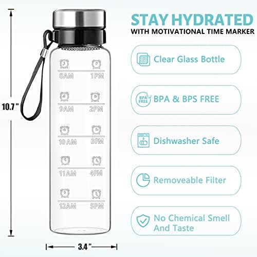 RNCKUUE Стъклена Бутилка за вода с обем 1 Литър - 32 грама, по-Големи Бутилки за Пиене borosilicate Стъкло с Широко Гърло, С Означено Време, на Ръкава, Без BPA