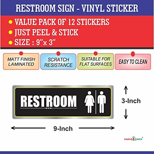 Стикер със знак тоалетна - (опаковка от 12 броя) 9 x 3 Големи Мат Ламиниран Винил Унисекс за вратата на Банята и Домашен