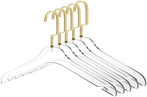 Качествени закачалки за дрехи от прозрачен акрил – 5 опаковки, Стилна закачалка за дрехи с куки от матово злато