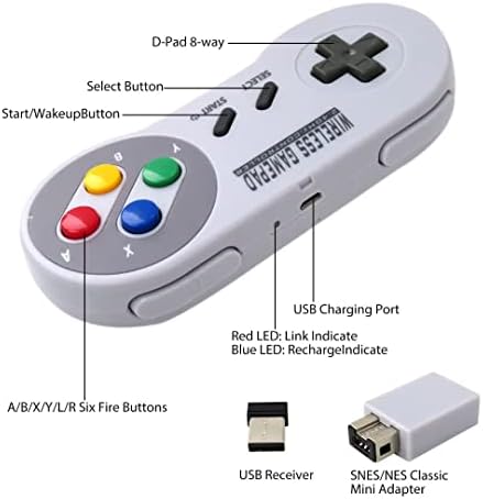 Комплект от 2 теми, Безжичен геймпад с честота 2,4 Ghz, USB контролер, Съвместим с игри SNES, Класически контролер