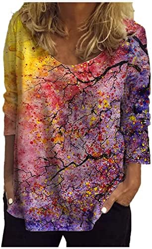 Дамски Блузи с дълъг ръкав, Модни и Ежедневни Тениска С Флорални принтом, V-образно деколте, Блузи Свободно Намаляване