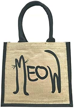 Чанта за пазаруване с черна дръжка от зебло, черни страници и декорация, подарък чанта от зебло с принтом на котката Мяу 11,81 (ш) x 10,26 (в) x 6,89 (г)
