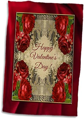 3дРоза Честит Свети Валентин, Червена Роза и Златен Лейси рамка - Кърпи (twl-282136-3)