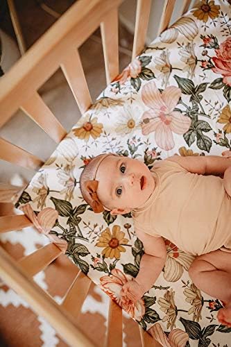Чаршаф за детски креватчета (мини размер) - Градински цветя (бял) дизайн, Изтъкан от памук, за бебета Момичета, Спално