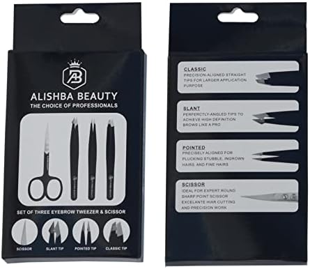 Alishba Beauty Пинсети за премахване на вежди и врастнали косми и Ножици за Выщипывания за мъже, Жени и Деца, Неръждаема Стомана (Комплект от три пинцетов и едни ножици) (РО
