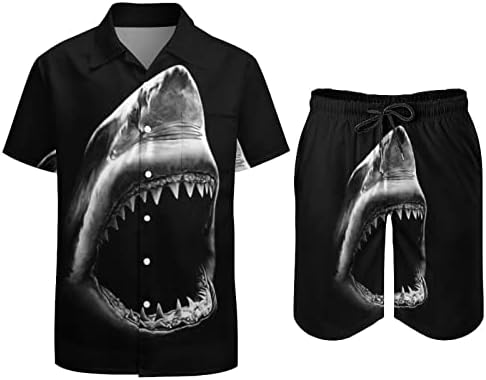 Мъжки плажни дрехи WEEDKEYCAT Black Shark Bite от 2 теми, Хавайска Риза с копчета с Къс ръкав и къси Панталони, Комплекти