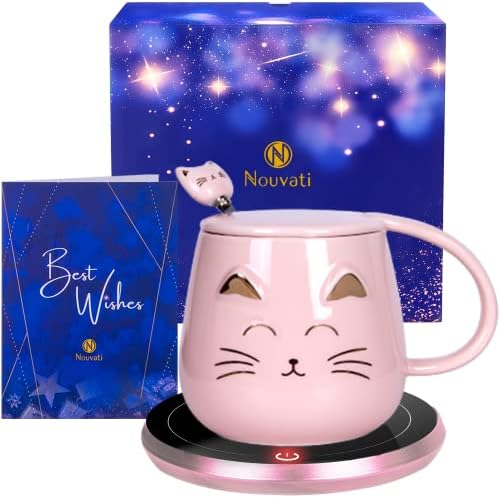 Набор от кафе на steins Nouvati Pink с подогревателем за чаши и сладък котка с капак: Подаръци за Деня на майката, за любителите