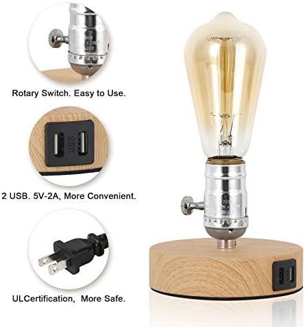 I Реколта Настолна Лампа с Двоен USB порт, Мини Промишлена Основна Лампа, Малък Държач за Настолна лампа, Прикроватной нощни Шкафчета, Спални E26 (цвят на дървото)