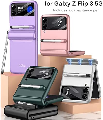 Miimall Съвместим калъф Samsung Galaxy Z Flip 3 с S Pen, Универсална Защита на магнитни панти + Защитен калъф от закалено стъкло