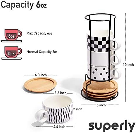 Комплект от 4 чаши за еспресо с дървени чинии, метална поставка - Здрава порцеланова чаша за еспресо - Лесно