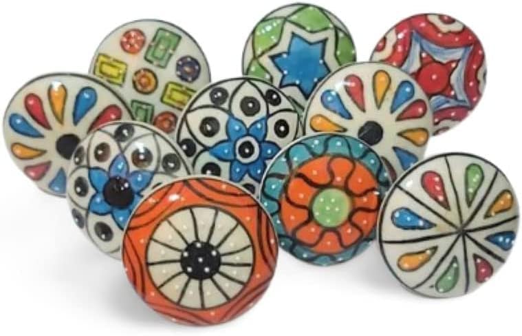 Керамична дръжка PARIJAT ръчно изработени комплект от 10 пури в ограничени бройки Цветни Кръгли дръжки за ръчно изработени с цветя модел за вратите чекмедже, Кухненски