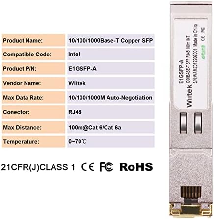 1,25 G SFP-T, 10/100/1000 BASE-T Gigabit Мед SFP, на 100 м радиоприемник Wiitek SFP-RJ45, съвместим с меден модул Intel E1GSFP-A Ethernet SFP RJ-45