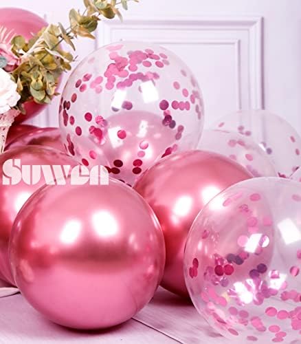SUWEN Метални Ярко-Розови Балони и Конфети, Набор от Балони, 47 бр., Латексный Гелиевый Хром Пурпурен Балон