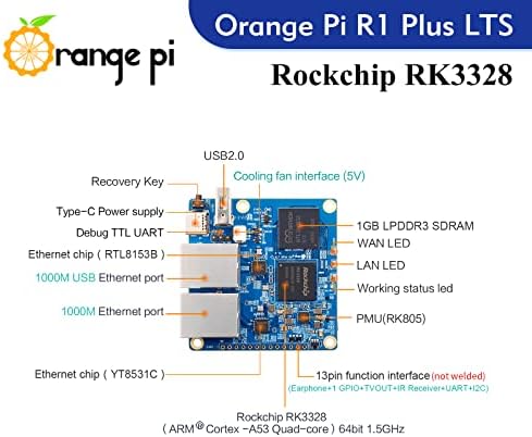 Orange Pi R1 Plus LTS 1 GB оперативна памет Rockchip RK3328 Четириядрен 64-битов одноплатный компютър с отворен код, мини-КОМПЮТЪР, работещ под Android, Ubuntu, Debian, OpenWRT OS (Pi R1 Plus LTS + блок захра