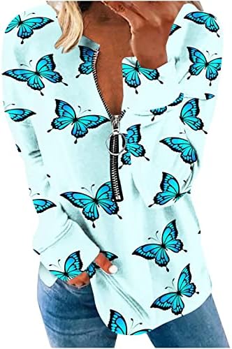 NOKMOPO / Дамски Есенни Блузи, Дамска Мода, Пролет Свободна Ежедневни тениски с V-образно деколте и принтом с цип Отгоре с Дълъг ръкав