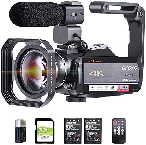 ORDRO Камера за 4K Камера HDR-AC5 Vlog Фотоапарат 12X Оптичен Обектив 3,1 'IPS Ultra HD 1080P 60 кадъра в секунда Цифров