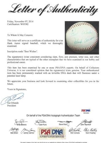 Ханк Аарон С Автограф от Официалния Представител на Ал-Бейзбол Атланта Брейвз най-Добри пожелания на Vintage Слот дни Подпис PSA/DNA #W05582 - Бейзболни топки с автографи