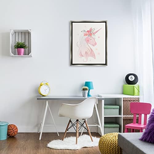 Stupell Industries, пастелно усмихнат еднорог, короната от розови цветове, плуваща фигура на стената в рамка, дизайн