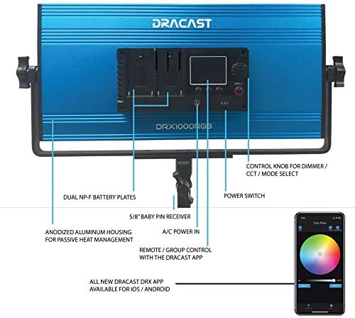Dracast X Series LED1000 - RGB и в два цвята led осветление за видео 2800-8000 K | а приложение за Управление | С регулируема яркост 0- | CRI & TLCI 96 + | Двойна NP-F Батарейная панел