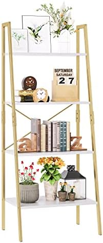 Bookshelf FINETONES 4 Нива, Дървени шкафове с Метална Рамка, Отворена Полк-Стълба За съхранение, Поставки за растения и Цветя, Рафтове за Съхранение за Домашния Офис, Бял/Злат