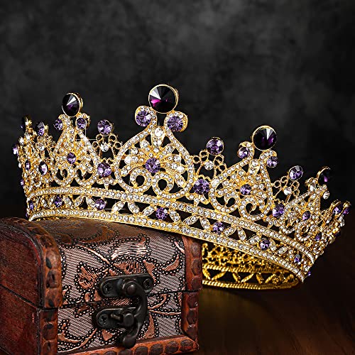 Короната на Кралица с Аметистом и Диадема, за Жени или Момичета, С Кристали, Кръгла Корона на Принцеса в Бароков стил, Кралския Костюм за Сватба, Рожден Ден, Абитурие