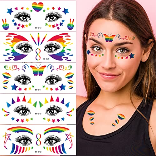 Стикер с временна Татуировка на Лицето в Деня на гей-Прайда 10 Дизайни, с Преливащи се цветове Ленти, Флаг, Сърце,