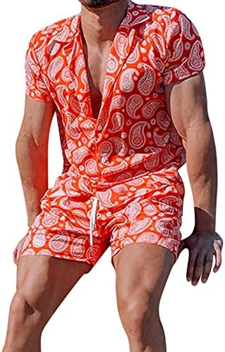Мъжки Спортен костюм от 2 теми с цветен Модел, Летен Стилен Принт, Риза Свободно Намаляване с Къс ръкав копчета и Шорти