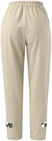 Съкратен Гамаши KCJGIKPOK за жени, Директни Ленени панталони капри с еластична талия и джобове, Панталони Голям размер