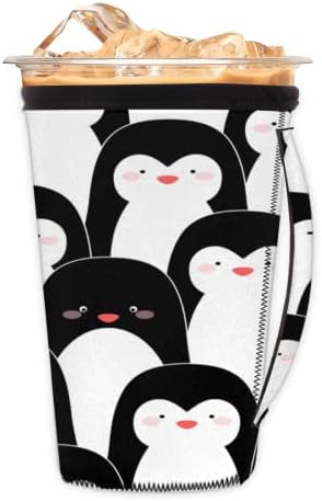 Черно-Бял Сладък Пингвин, Многократно Кафе ръкав с лед за Кафе чаши обем 24-28 грама, Cartoony Пингвин, Изолиран