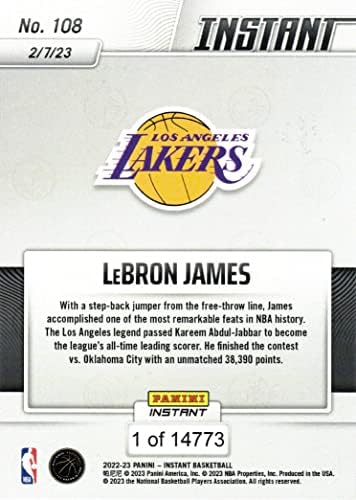 Баскетболно карта Леброн Джеймс Лейкърс 2022-23 Панини Instant 108 - най-Добрият реализатор в НБА за всички времена