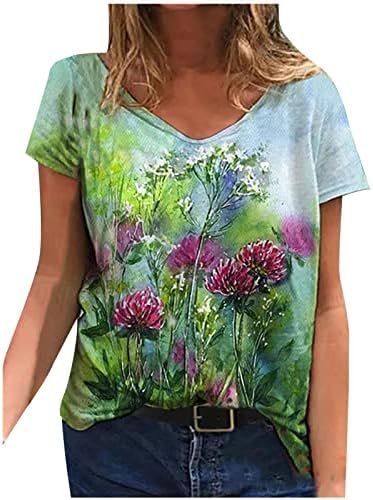 Женска Тениска Лято Есен 2023 От Памук с Къс Ръкав, Дълбоко V-Образно Деколте, Цветна Фигура, Без Приятелка, Риза Свободно